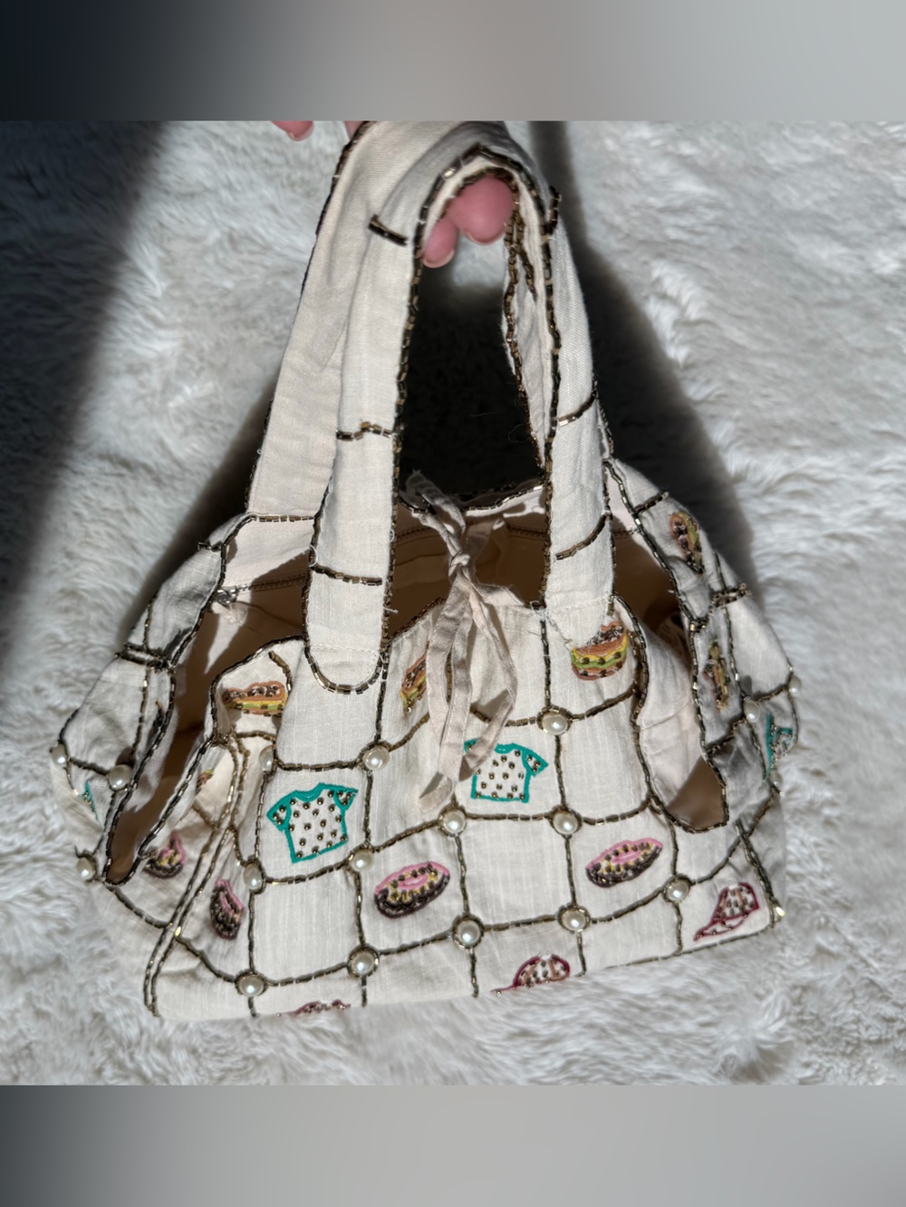 Beaded Cream Embroidered Tote Bag with Pearl Accents
